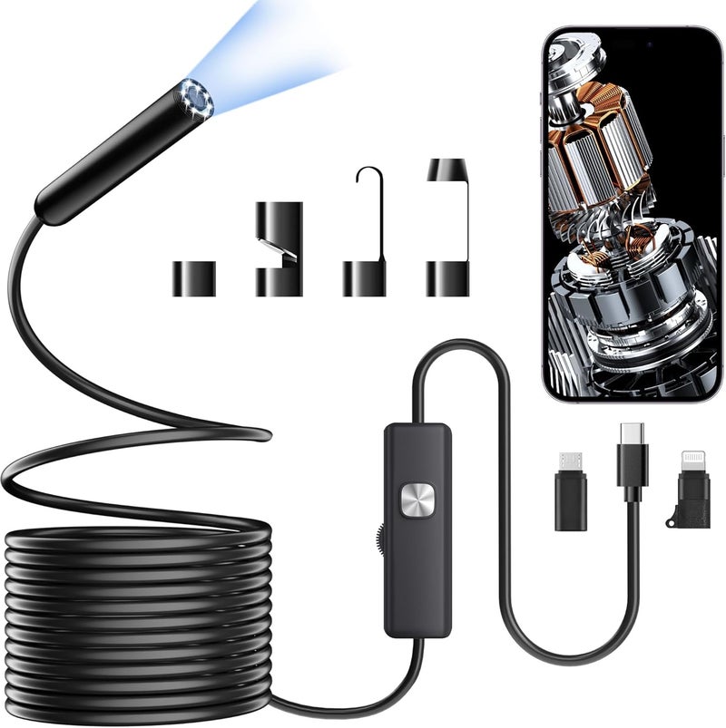 PAPIBLU Endoscope with Light, 1920P HD Borescope with 8 Adjustable LED Lights, 16.4FT Semi-Rigid Snake Camera, IP67 Waterproof Inspection Tool for iPhone & Android - Single Lens (Black) - Image 1
